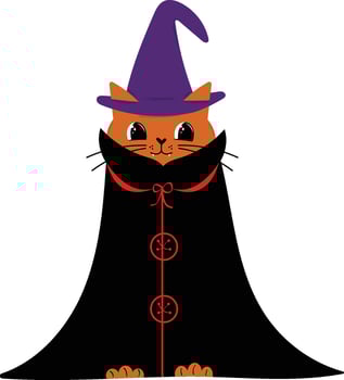 Orange cat dracula in violet hat. Halloween cat. Cartoon cat vector