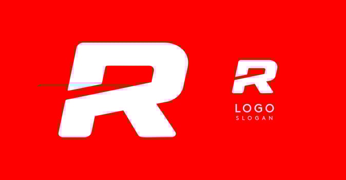Bold angular letter R, geometric cutouts, minimalist sporty style, dynamic corporate identity, athletic and automotive logo, strong typographic design. typeset vector