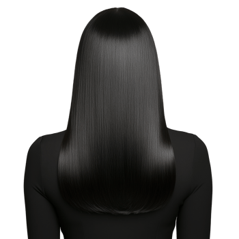 Back view of a womans head with long, straight, black hair, transparent background png