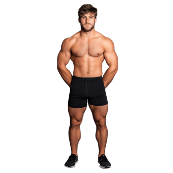 Muscular man wearing black shorts with arms crossed, isolated on a transparent background png