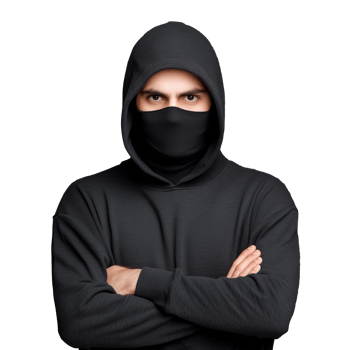Man in a black hoodie with a face mask, arms crossed, isolated on a transparent background png