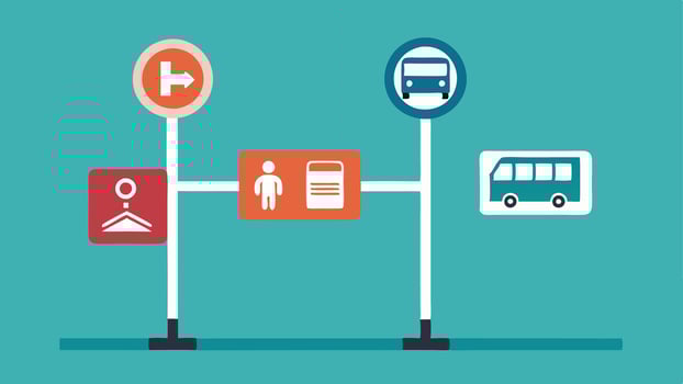 Wayfinding with Icons A directional signpost at a public transport hub showing various accessible transport icons like buses trains and elevators along with arrows leading the way.. vector
