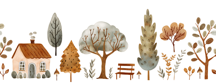Seamless border with cozy houses, bright trees and natural elements, watercolor illustrations. png