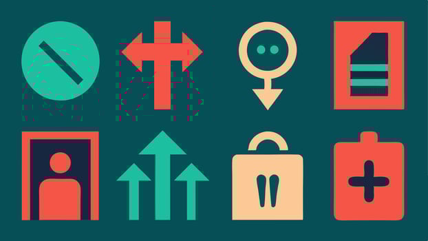 Symbolic Icons for Directions A collection of universally recognizable icons e.g. restrooms exits elevators accompanied by arrows designed to be clear and intuitive.. vector