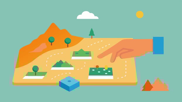 Tactile Map A 3D map made from raised materials denoting different landscapes. A persons hand gliding over the map to explore the terrain with labels in Braille.. vector