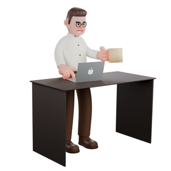 Male Professional Sociologist - 3D Character. A male sociologist is standing next to his desk holding a glass cup and operating a laptop. Social Research Model png
