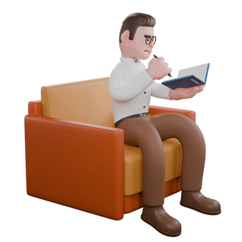 Sociologist in 3D. A male sociologist is sitting on a sofa while writing in a book he is holding. Societal png