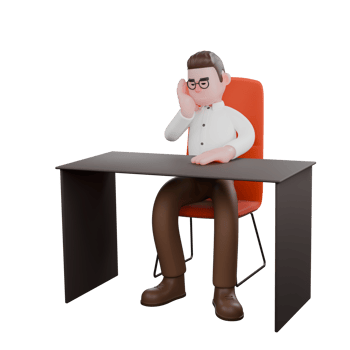 Illustrative 3D Male Sociologist. A male sociologist is sitting on his desk chair while his right hand is holding his cheek. Cartoon png