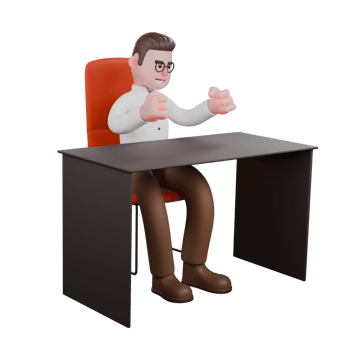 Male Sociologist 3D Professional. A male sociologist is sitting on his desk chair while clenching both his fists. Cartoon Illustrated png