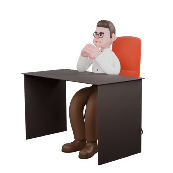 Male Professional Sociologist 3D Character. A male sociologist is sitting contemplating on his desk chair while stacking his palms in front of his chin. Male Professional png