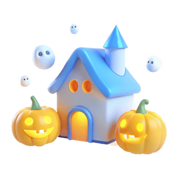 Spooky Halloween House with Jack-O'-Lanterns and Ghosts png