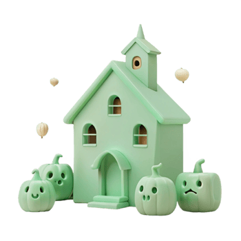 Cute Green Halloween House with Pumpkins png