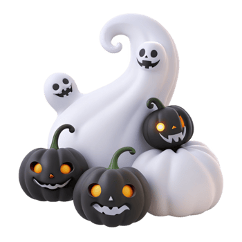 Spooky Halloween Pumpkins and Ghosts 3D Render png