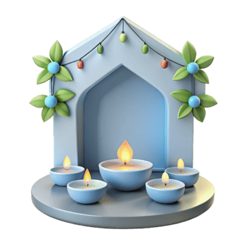3D Render of Candles in a House-Shaped Structure Decorated with Flowers and Lights png