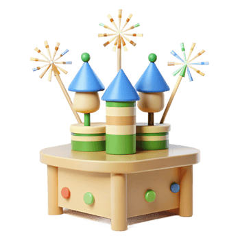 Wooden Toy Castle with Spinning Fireworks png