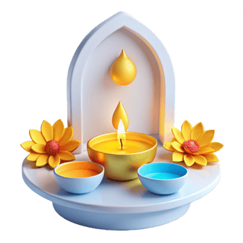 3D Render of a Simple Altar with a Lit Candle, Yellow Flowers, and Bowls png