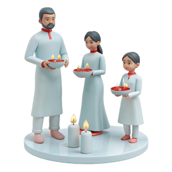 Family Celebrating with Candles and Diyas png