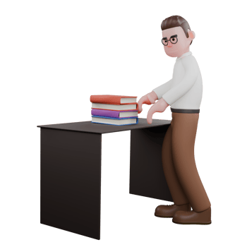 Professional Sociologist Character in 3D. A male sociologist is standing and wants to reach some books on the table in front of him. Cartoon Illustrated png