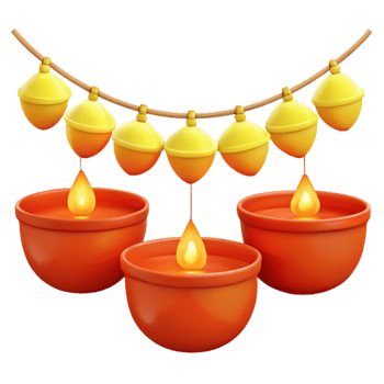 Three Orange Bowls with Flames, Decorated with Yellow Ornaments and Hanging Droplets png