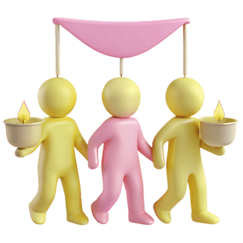 Three 3D Figures Holding Hands with Candles Under Canopy png