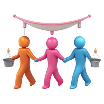 Three 3D Figures Holding Buckets and Walking Under a Hanging Object png