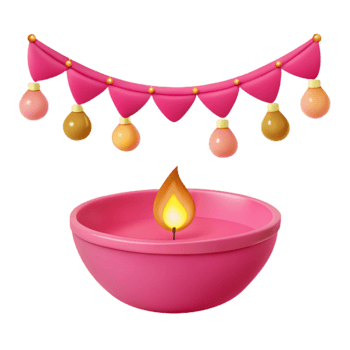 Pink Diya with Lit Candle and Garland Decoration png