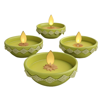 Four Green Diya Lamps With Flames png