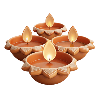 Four Lit Diya Lamps with Intricate Designs png