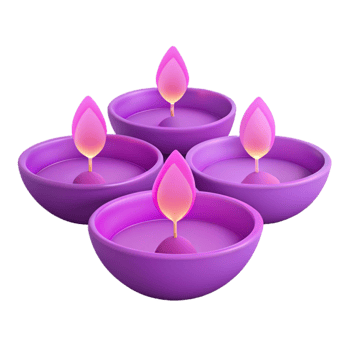 Four Purple Diya Lamps with Flaming Wicks png