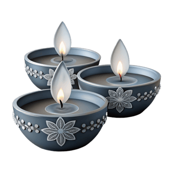 Three Decorative Candles in Bowls with Silver Floral Designs png