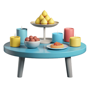 3D Rendered Tabletop Still Life with Candles, Food, and Decor png