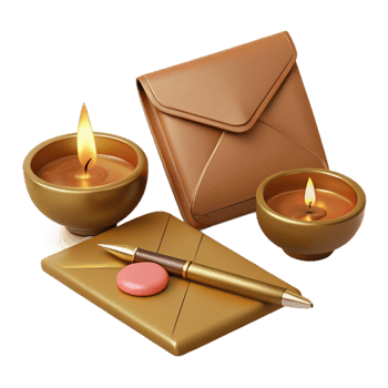 Golden Envelopes, Candles, and a Pen A Vintage Still Life png