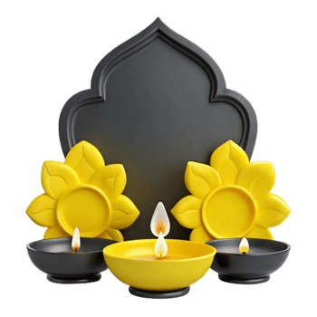 Three Lit Candles with Yellow Flower Decorations and a Black Arch Background png