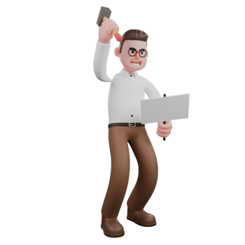 Male Professional Sociologist - 3D Character. A male sociologist stands holding a hammer in his right hand and a white board in his left hand. Cartoon Illustrated png