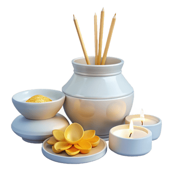 White Ceramic Jar With Incense Sticks, Candles, and Golden Flowers png
