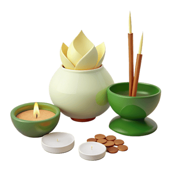 Candles, Incense Sticks, and a Lotus-Shaped Pot png