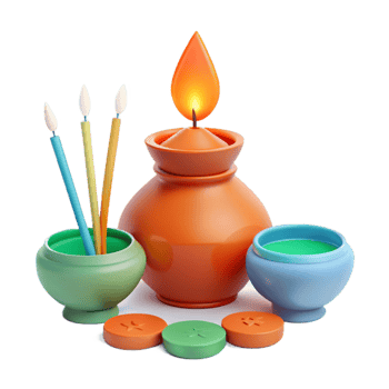 3D Rendered Still Life with Candle, Pots, and Incense Sticks png