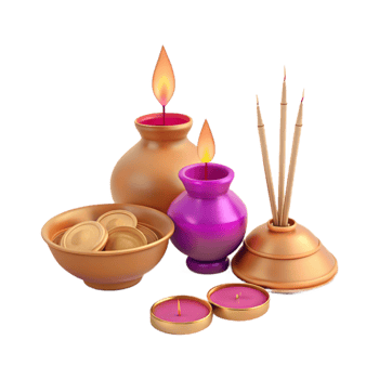 Golden Bowl with Coins, Burning Candles, and Incense Sticks png