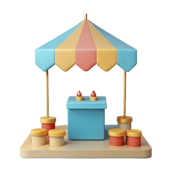 3D Cartoon Illustration of a Small Stand with a Striped Umbrella png