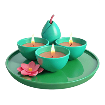 Three Teal Candles on Green Plate with Pink Flower png
