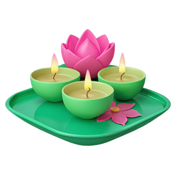 Three Candles and a Lotus Flower on a Green Tray png