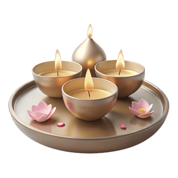 Four Golden Candles on a Tray with Pink Flowers png
