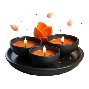 Three Burning Candles on a Black Plate with Orange Petals png