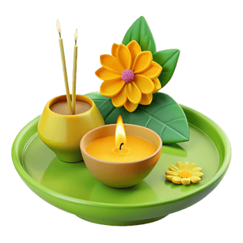 Green Plate with Yellow Flowers, Candle, and Incense Sticks png