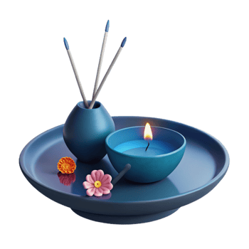 Blue Ceramic Tray with Candle, Incense Sticks, and Flowers png