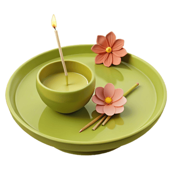 Green Tray with Candle, Flowers, and Incense Sticks png