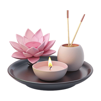 Pink Lotus, Candle, and Incense Sticks on a Tray png