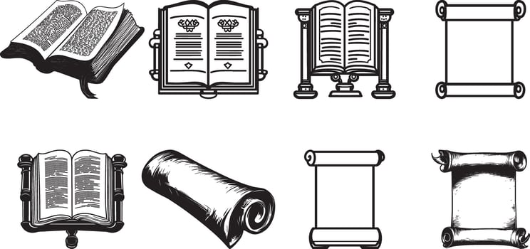 Collectiion of torah and scroll open clean simple silhouette black vector