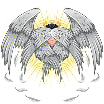 Seraph with six wings, angelic face of the Catholic religion, archangel with halo and feathers vector