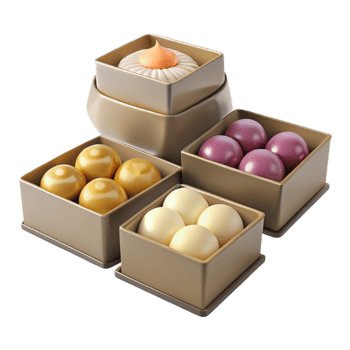 Assortment of Colorful Spherical Sweets in Square Boxes png